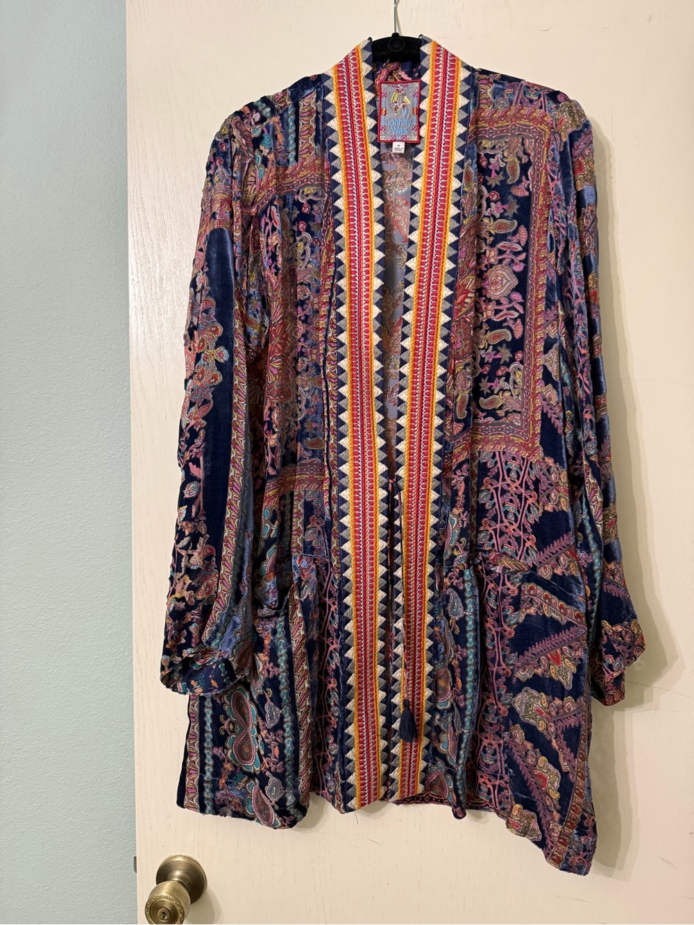 Johnny Was Velvet Burnout Boho Open Kimono with Colorful Trim size M